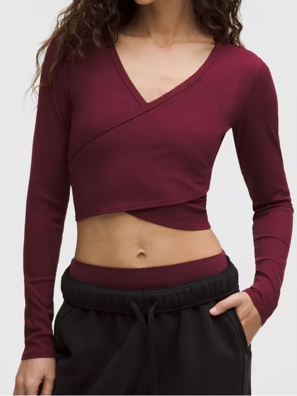 Lululemon Nulu Ribbed Wrap-Front Long Sleeve Shirt Heart Sleeve Burgundy Bay